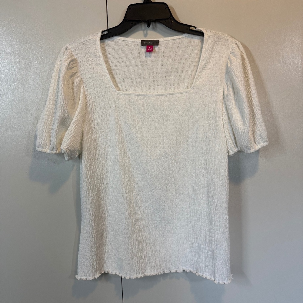 Vince Camuto Puff Shoulder Smocked Top White Size L NWT